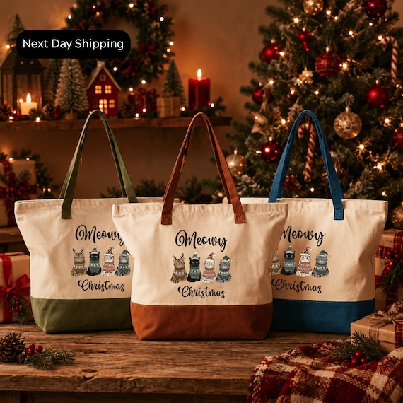 Meowy Christmas Tote Bag - Festive Cat Design with Zipper