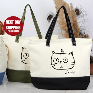 Custom Cat Name Tote Bag, Cartoon Cat Portrait ,Personalized Gifts For Cat Owners, Cat Mom Tote Bag, Gift For Cat Mom, Cat Lovers Gifts