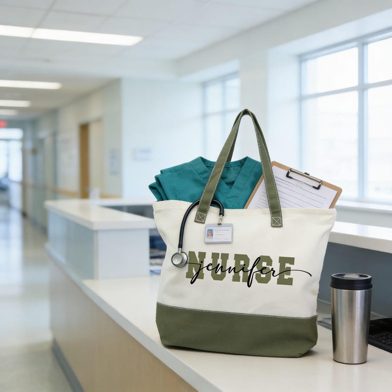 A tote bag with the name "NURSE" printed on it, along with a stethoscope and a clipboard, is placed on a counter in a hospital setting.