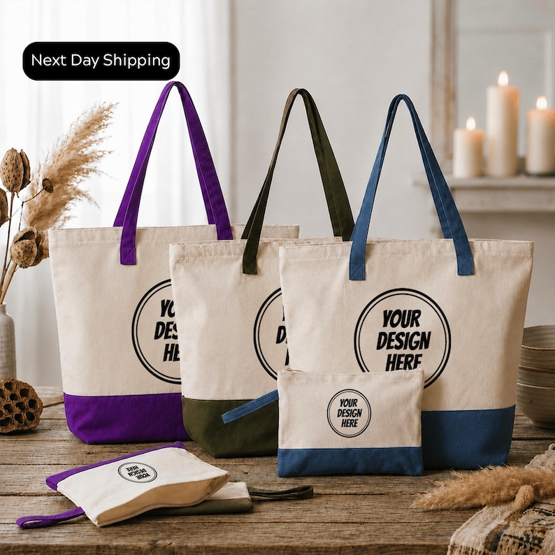 a collection of tote bags and a small bag on a wooden surface, with a "Next Day Shipping" sign above them.