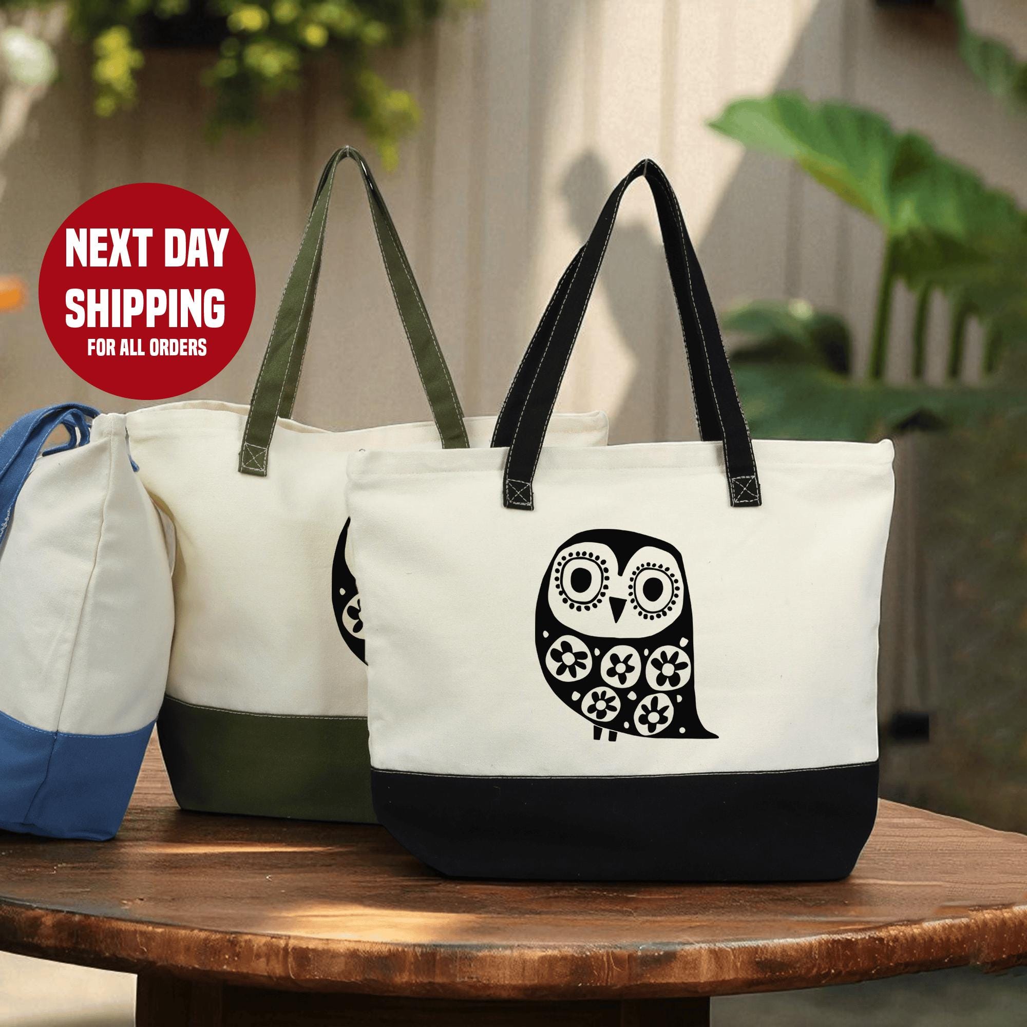 Owl Tote Bag: Soft Cotton, Zippered with Inner Pocket - Everyday Use