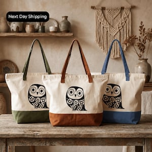 Owl Tote Bag: Soft Cotton, Zippered with Inner Pocket - Everyday Use
