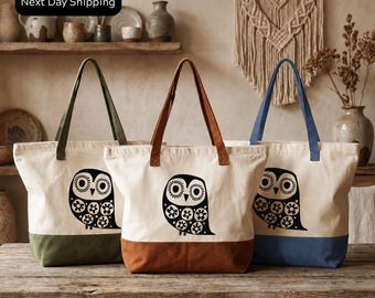 Owl Tote Bag: Soft Cotton, Zippered with Inner Pocket - Everyday Use