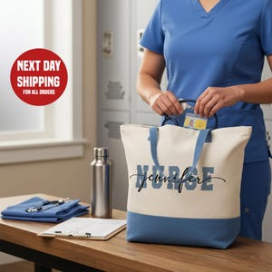 A person in blue scrubs is holding a tote bag with the name "Jennifer" printed on it, standing in front of a desk with various items such as a water bottle, a clipboard, and a stethoscope.