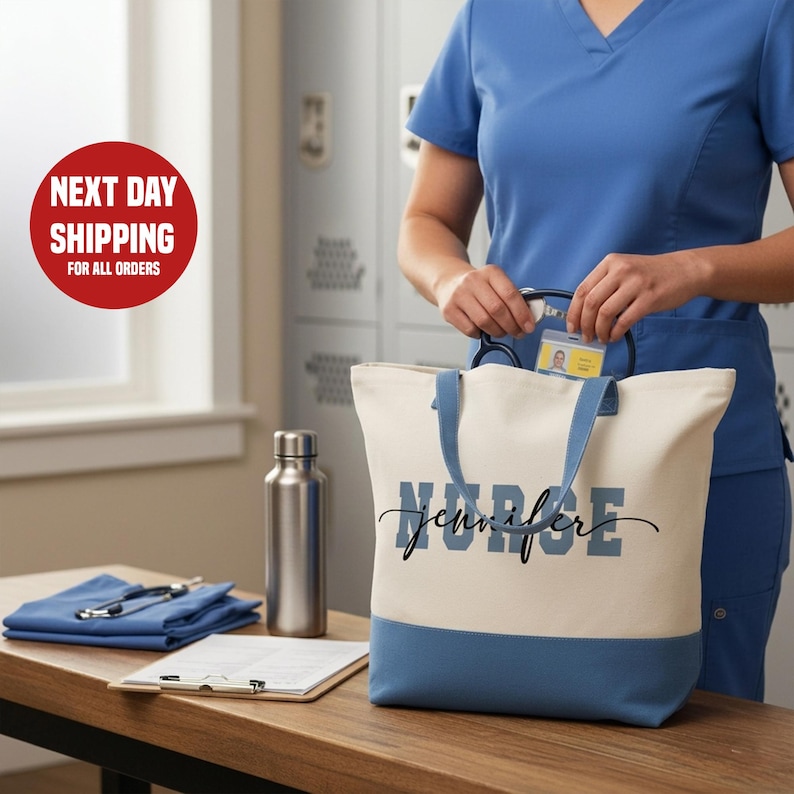 A person in blue scrubs is holding a tote bag with the name "Jennifer" printed on it, standing in front of a desk with various items such as a water bottle, a clipboard, and a stethoscope.