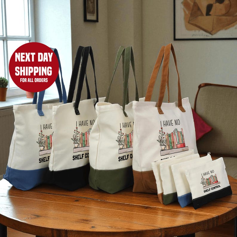 a collection of colorful tote bags and a small bag on a wooden table, with a sign indicating that next day shipping is available for all orders.