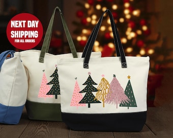 Christmas Tote Bag: Retro Tree  (Canvas, Zippered, Inner Pocket)