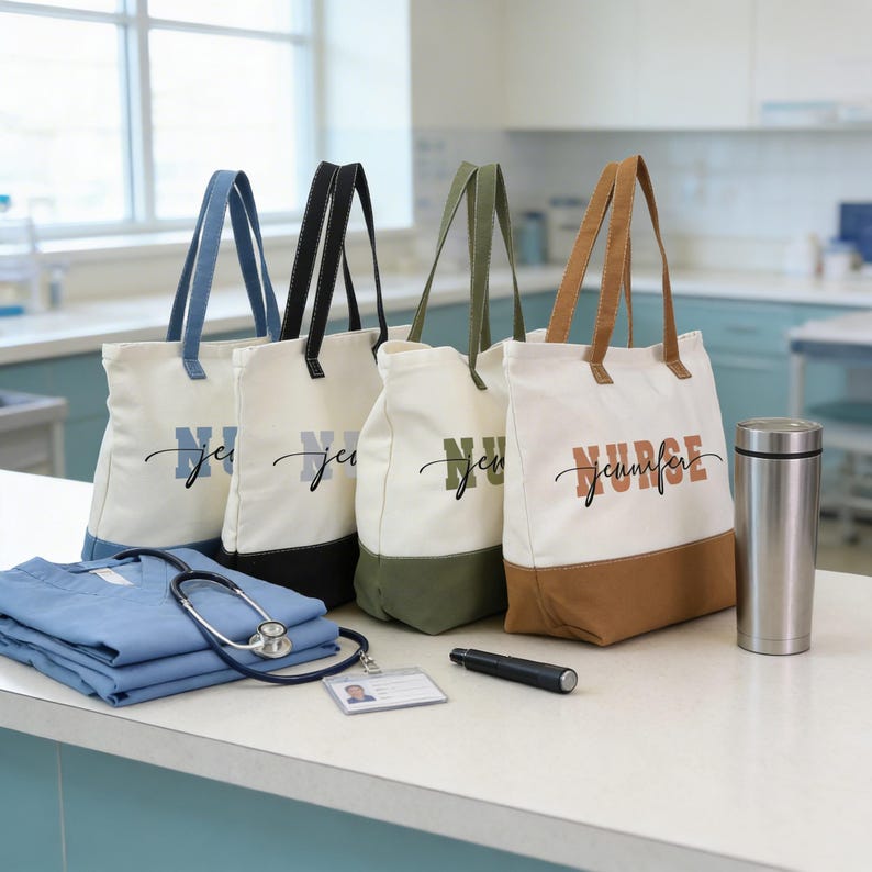 a collection of colorful tote bags with personalized names on them, along with a stethoscope, a pen, and a water bottle, all arranged on a countertop.