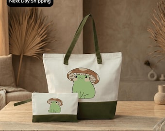 Mushroom Froggy Tote Bag, Mushroom Tote Bag, Frog Tote Bag, Frog Gifts, Frog Lover Gift, Frog Mushroom, Cute Frog Canvas Tote Bag