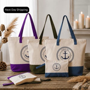 a collection of tote bags and a small bag on a wooden surface, with a "Next Day Shipping" sign in the top left corner.