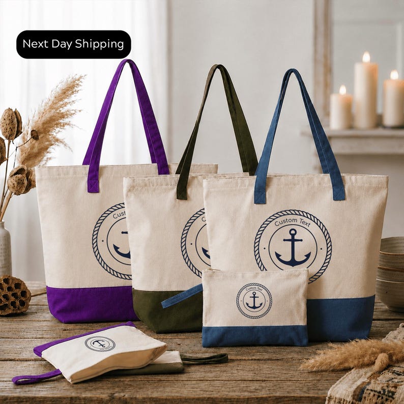 a collection of tote bags and a small bag on a wooden surface, with a "Next Day Shipping" sign in the top left corner.