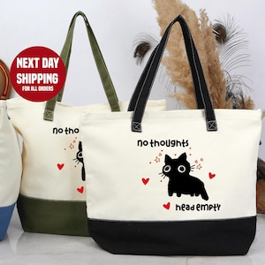 No Thoughts Head Empty Tote Bag, Cartoon Black Cat Design ,Funny Black Cat Tote Bag, Cat Mom Tote Bag, Cat Gifts, Cat Lovers Gifts