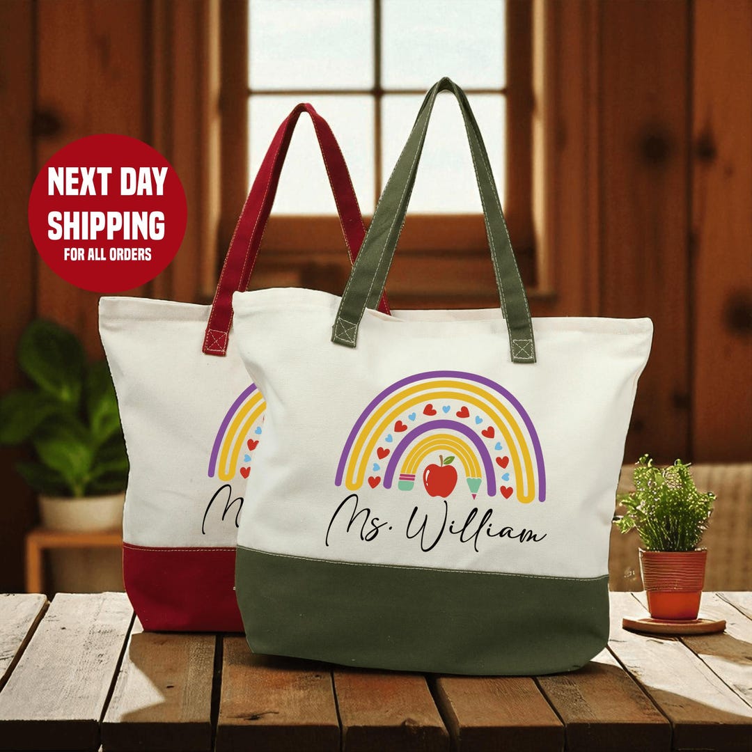 Personalized Teacher Tote Bag: Rainbow Pencil Design, Custom Name - Etsy