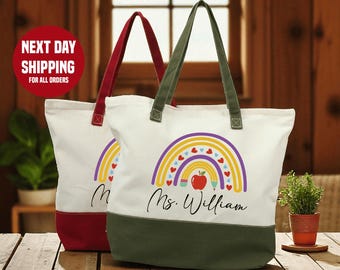 Personalized Teacher Tote Bag: Rainbow Pencil Design, Custom Name