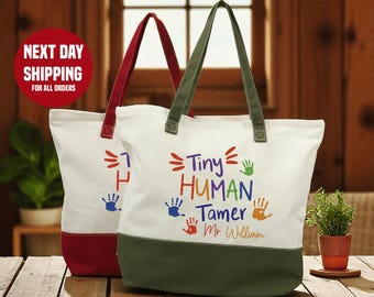 Personalized Teacher Tote Bag, Tiny Human Tamer, Custom Teacher Gift