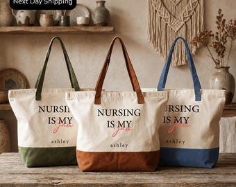 Personalized Nurse Tote Bag - Canvas with Zipper and Inner Pocket