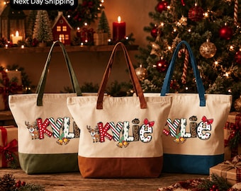 Personalized Christmas Name Tote Bag, Custom Holiday Tote with Name, Festive Christmas Gift Bag