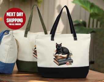 Black Cat Tote Bag: Book Lover Gift Cotton, Zippered with Inner Pocket