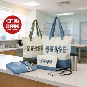 a set of items related to nursing, including tote bags, a stethoscope, and a nursing uniform.