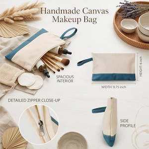 The image is a collage of various items, including a handmade canvas makeup bag, makeup brushes, a woven basket, and some dried flowers. The image provides detailed descriptions of the items, such as the spacious interior of the makeup bag, the detailed zipper close-up, and the side profile of the bag.