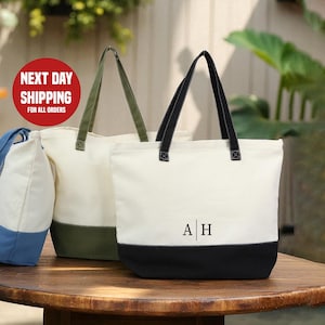 Initial Canvas Tote Bag, Personalized Style (Zippered, Multiple Colors)