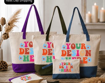 Custom Canvas Tote Bag with Your Text or Logo , Personalized Zippered Cotton Bag ,Custom Name Tote, Corporate Logo Tote, Bridal Party Gifts