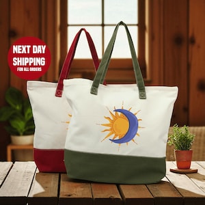Sun and Moon Organic Cotton Canvas Tote Bag: Boho Astrology