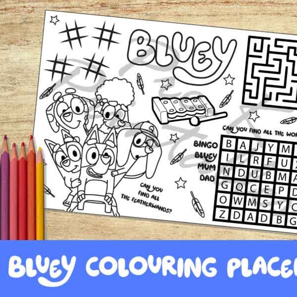 Bluey activity coloring placemat. Calming tool for classroom or restaurant kit busy bag