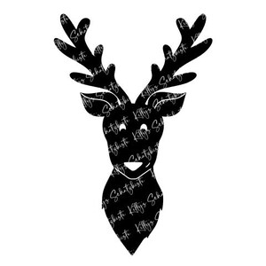 May include: Black silhouette of a reindeer head with antlers. The reindeer is looking directly at the viewer with a friendly expression.