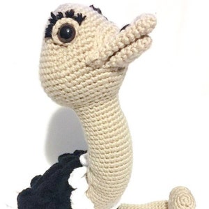 May include: A crocheted stuffed ostrich toy with a beige body, black eyes, and a black and white feathered neck.