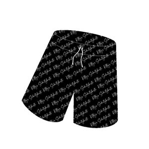May include: Black swim trunks with a white repeated pattern of the text "Killys Sehatshiste".