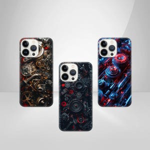 May include: Three phone cases with a mechanical gear design. The cases feature a variety of gears, cogs, and mechanical components in shades of black, red, and bronze. The cases are designed to fit a smartphone.