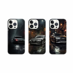May include: Three phone cases featuring a black Audi car in a city setting. The cases are black with a glossy finish and feature a realistic image of the car. The cases are designed for iPhone.