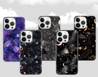 May include: Five smartphone cases with celestial designs. The cases feature dark backgrounds, including black and purple, with gold, pink, and white celestial elements such as moons, stars, and planets. The cases are designed to fit a smartphone.