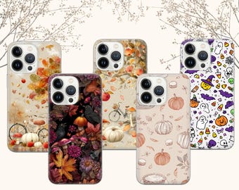 May include: Five phone cases with autumn and Halloween-themed designs. The cases feature images of leaves, pumpkins, crows, and Halloween characters. The color palette includes orange, brown, purple, and white.