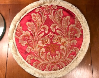 Soft vintage tablecloth, decorative doily in red and gold brocade with fringe, circa 1980