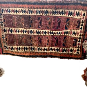 hand-knotted tapestry Baluch Sumakh, primitive nomad carpet long tassels thick quality Afghanistan 1950 ethnic design made of wool