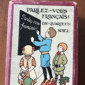 Antikes französisches Quartett Kartenspiel "Parlez-Vous-Francais?" mit niedlichen Zeichnungen von 1910