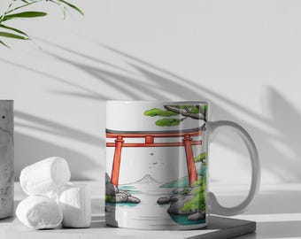 Tee - und Kaffeetasse Japan Design aus Keramik mit Torii Tor und Fuji san, 330ml weiß, Geschenke für Japan Fans