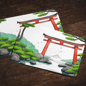 May include: Two white cards with a hand-drawn illustration of a red Japanese torii gate in a forest setting. The gate is surrounded by green trees and rocks, and there is a mountain in the background.