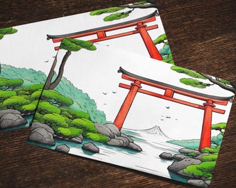 Rotes Torii gate & Mount Fuji Bild, japanische landschaft, Post - oder Klappkarte in DinA6, japanische Grußkarten, japanische Kunst
