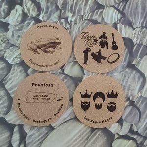 Puerto Rico themed laser engraved cork coasters - Single side print - set of 4 - Includes 3D printed holder