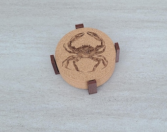 Cork coasters: Maryland Blue Crab (set of 4, 6 or 8), 3D printed holder