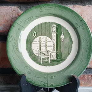 Vintage Royal China Colonial Homestead Plate – Green Transferware  Rustic Americana, Grandfather Clock Scene  1940s-60s