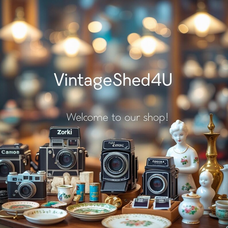 K&ouml;nnte beinhalten: Eine Ausstellung von Vintage-Kameras, Tellern und Figuren. Der Text "VintageShed4U" und "Welcome to our shop!" sind sichtbar. Die Kameras sind schwarz und silber, und die Teller haben Blumendesigns.