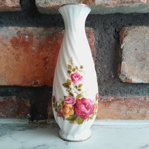 Vintage Cottage Rose  Bone China Vase   Floral Decorative Collectible  Antique Style Porcelain with Pink Roses Gold Accents