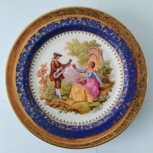 Vintage Limoges Decorative France Plate Victorian Courting Couple Design Gold Accents