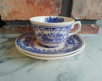 Vintage Myott Cambridge Teacup Saucer, Blue Transferware Pottery