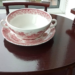 Vintage Grindley Country Style Soup Bowl & Saucer: Red Transferware Ironstone