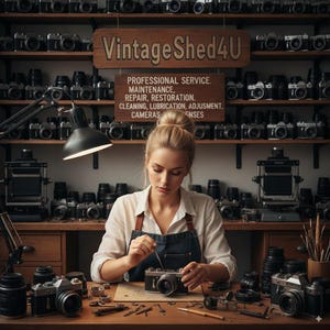 K&ouml;nnte beinhalten: Eine Frau in einem wei&szlig;en Hemd und einer Jeanssch&uuml;rze repariert eine Vintage-Kamera an einer Holzwerkbank. Das Schild dar&uuml;ber lautet "Vintage Shed4U" und listet Dienstleistungen auf. Regale dahinter zeigen zahlreiche Kameras.